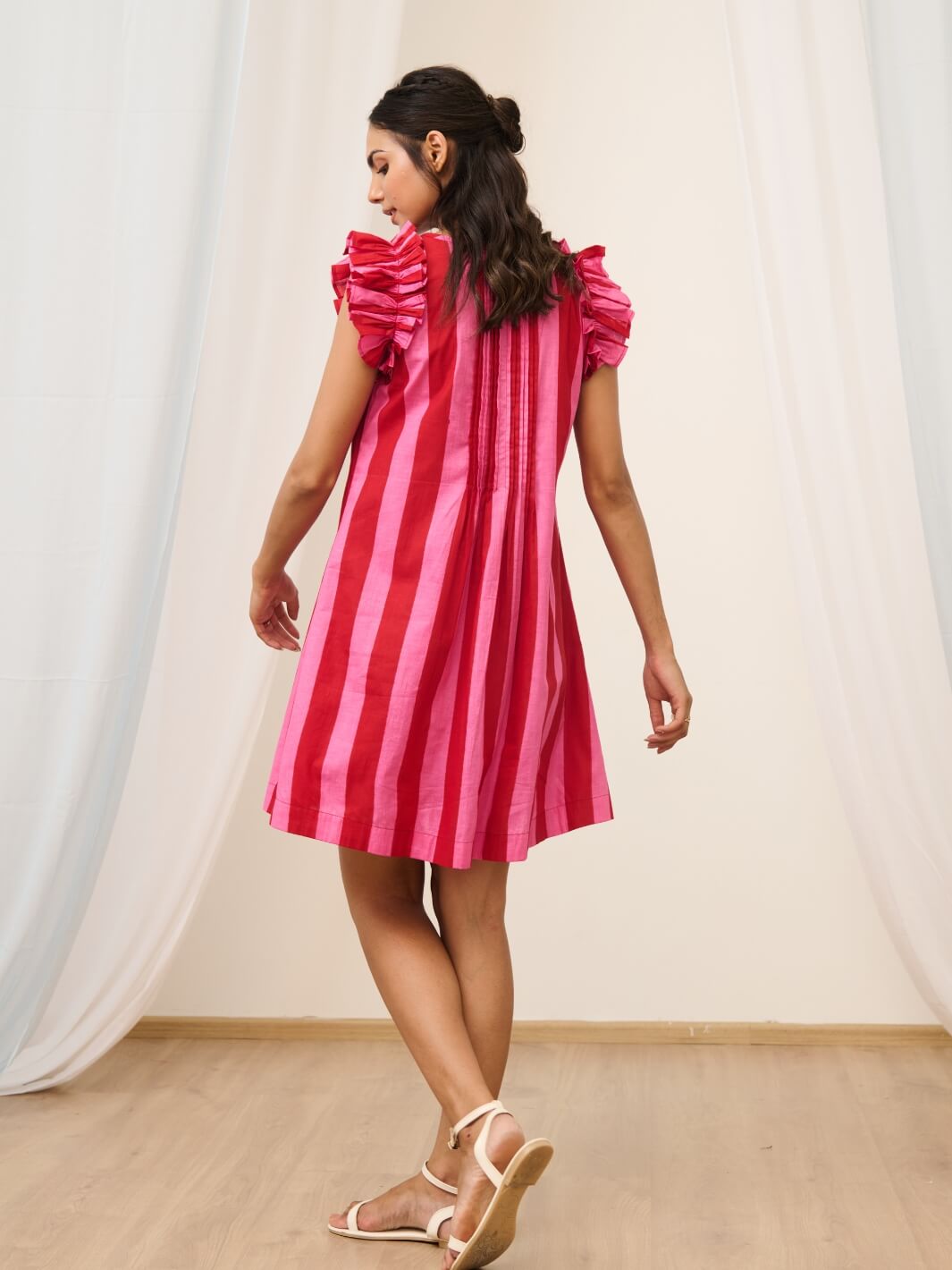 Pink & Red Striped Printed Short Dress with Ruffled Sleeves