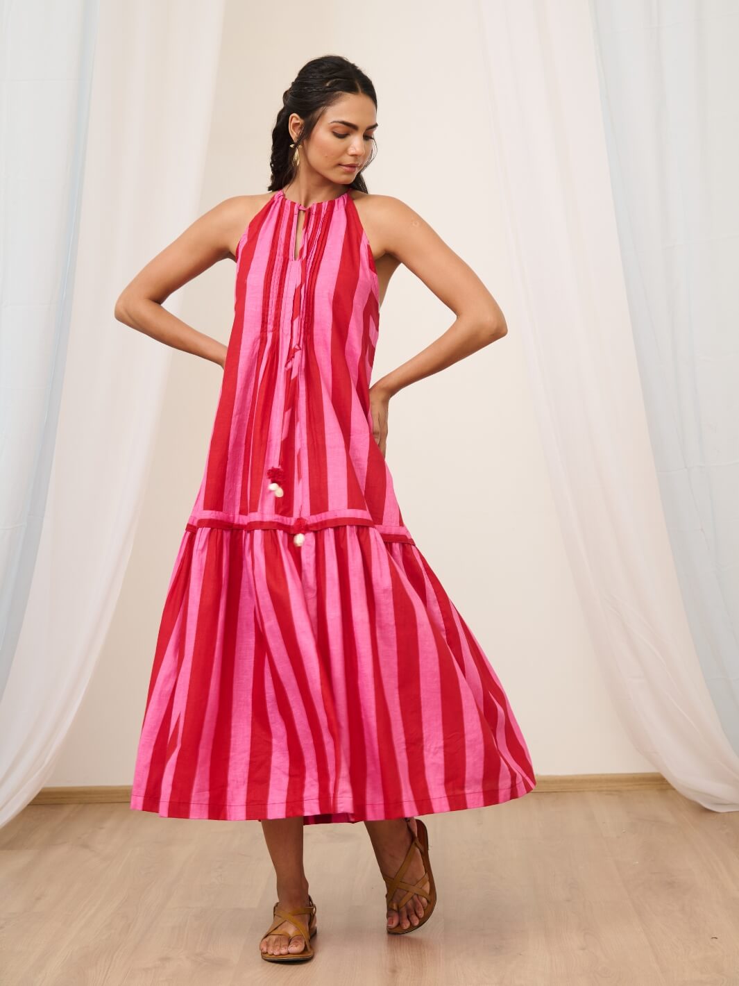 Pink & Red Printed Sleeveless Maxi Dress with Pintuck detail