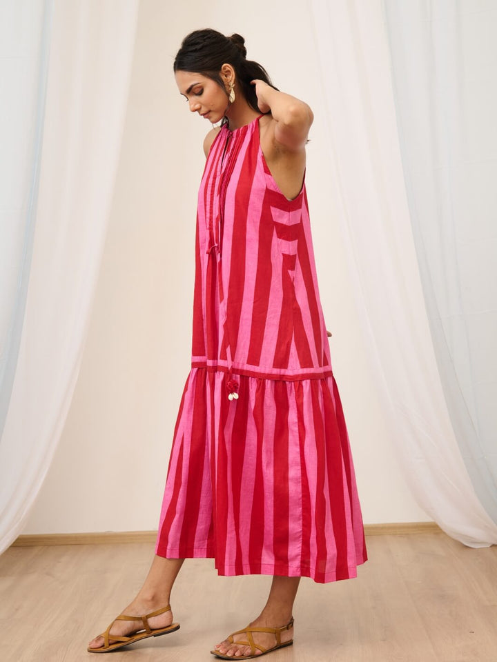 Pink & Red Printed Sleeveless Maxi Dress with Pintuck detail