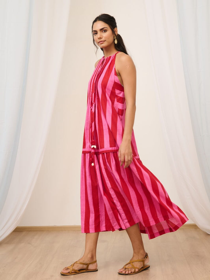 Pink & Red Printed Sleeveless Maxi Dress with Pintuck detail