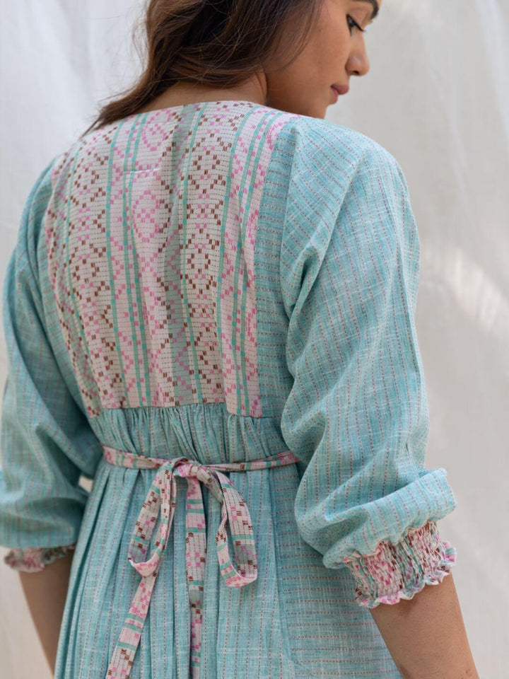 Aqua Mint Cotton Maxi Dress with Butterfly Sleeves - Moontara