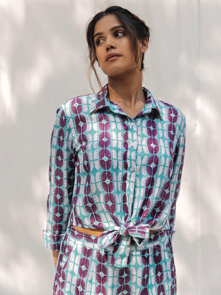 Blue & Purple Handblock Print Cotton Shirt - Moontara