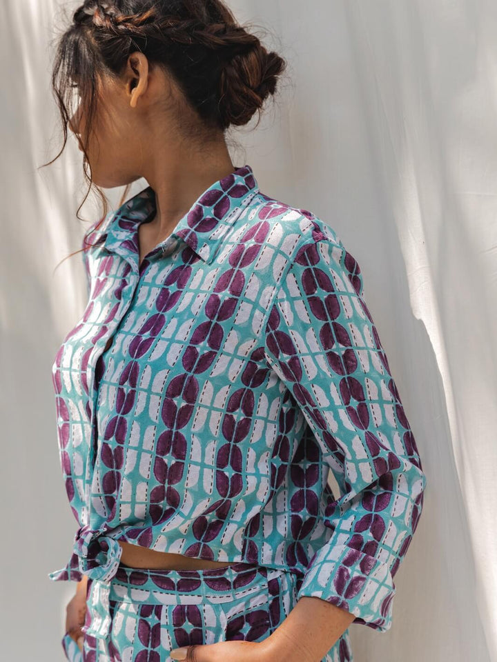 Blue & Purple Handblock Print Cotton Shirt - Moontara