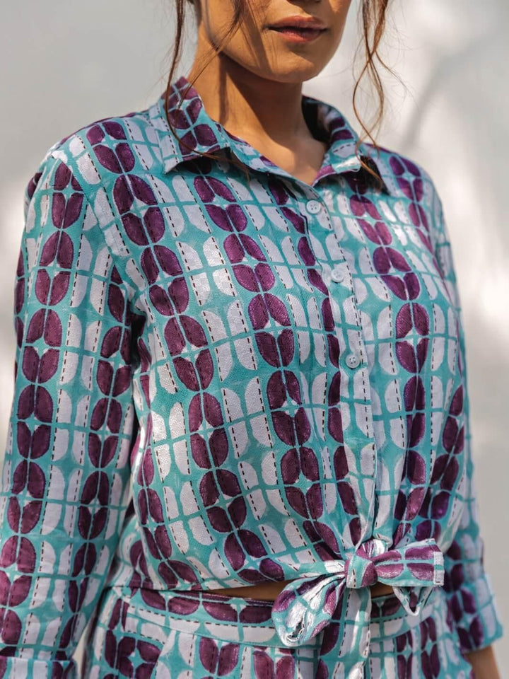 Blue & Purple Handblock Print Cotton Shirt - Moontara