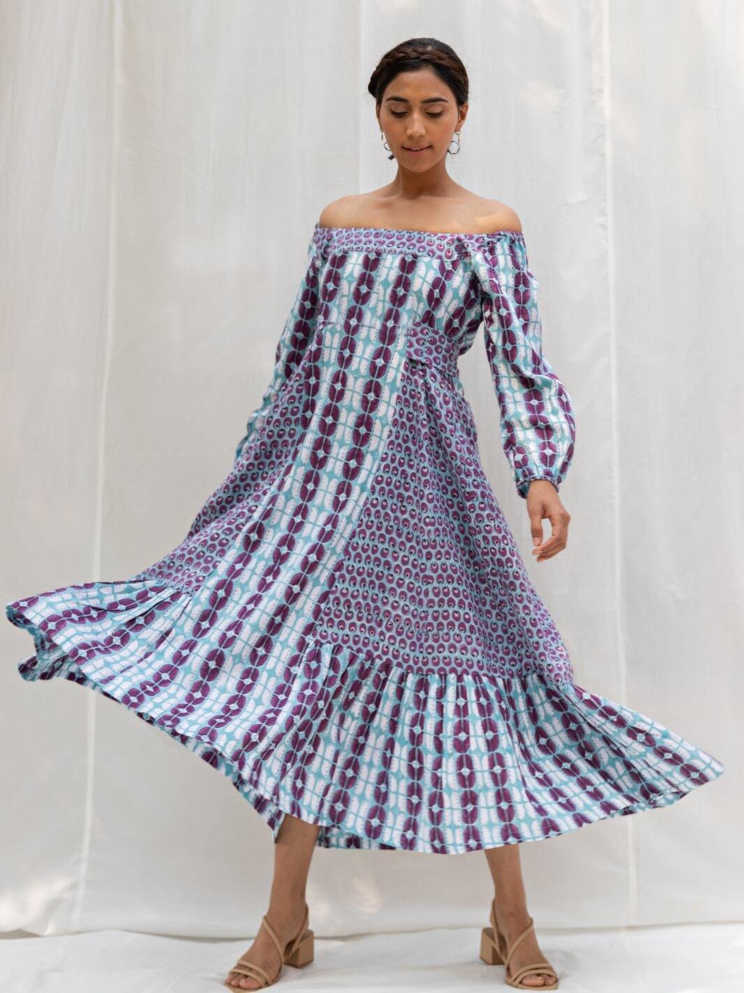 Blue & Purple Handblock Print Long Cotton Maxi Dress - Moontara