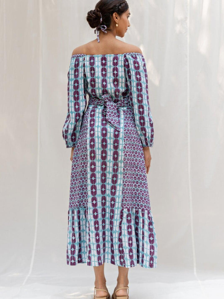 Blue & Purple Handblock Print Long Cotton Maxi Dress - Moontara