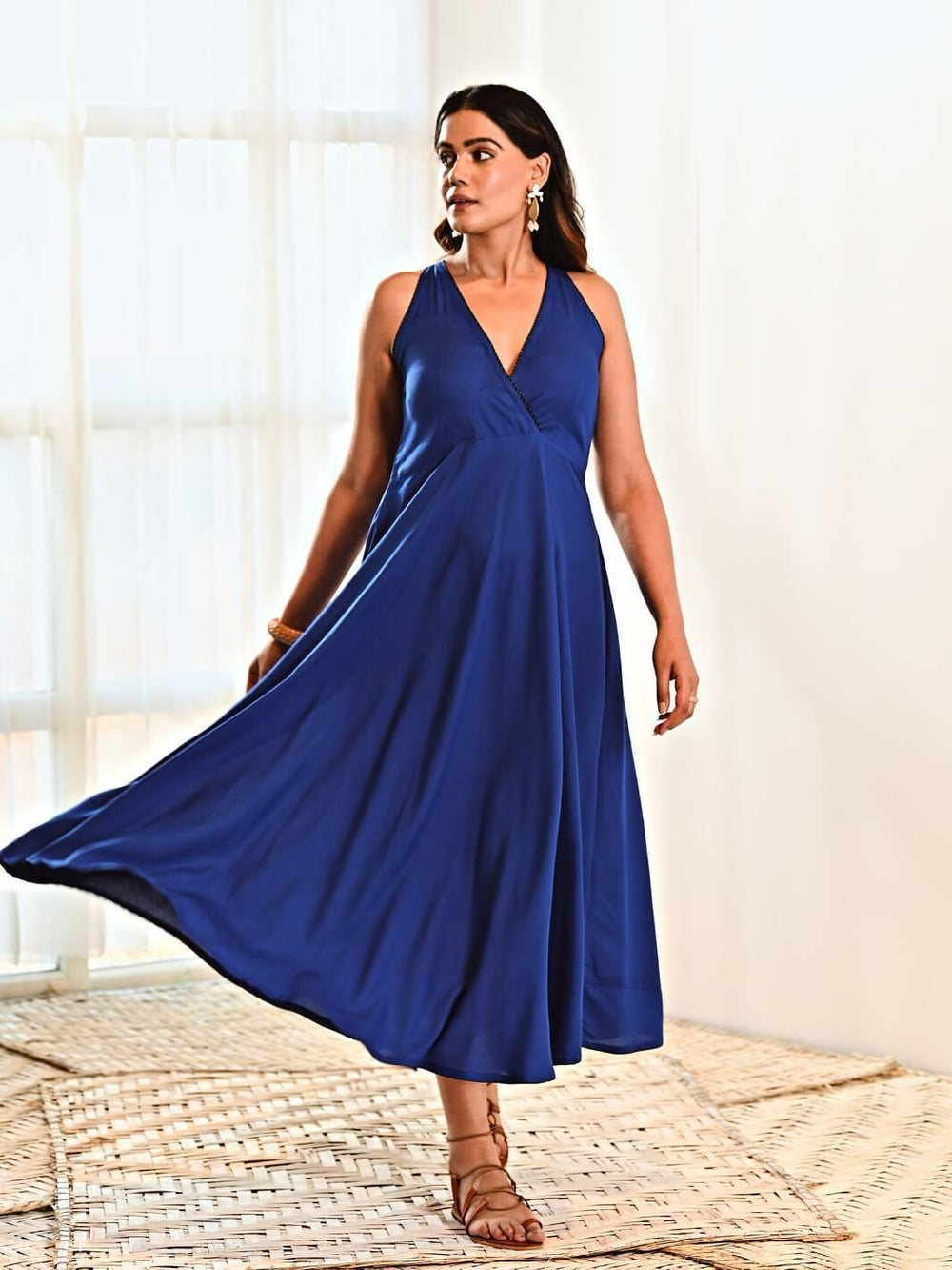 Blue Cotton Maxi Sleeveless Long Dress - Moontara