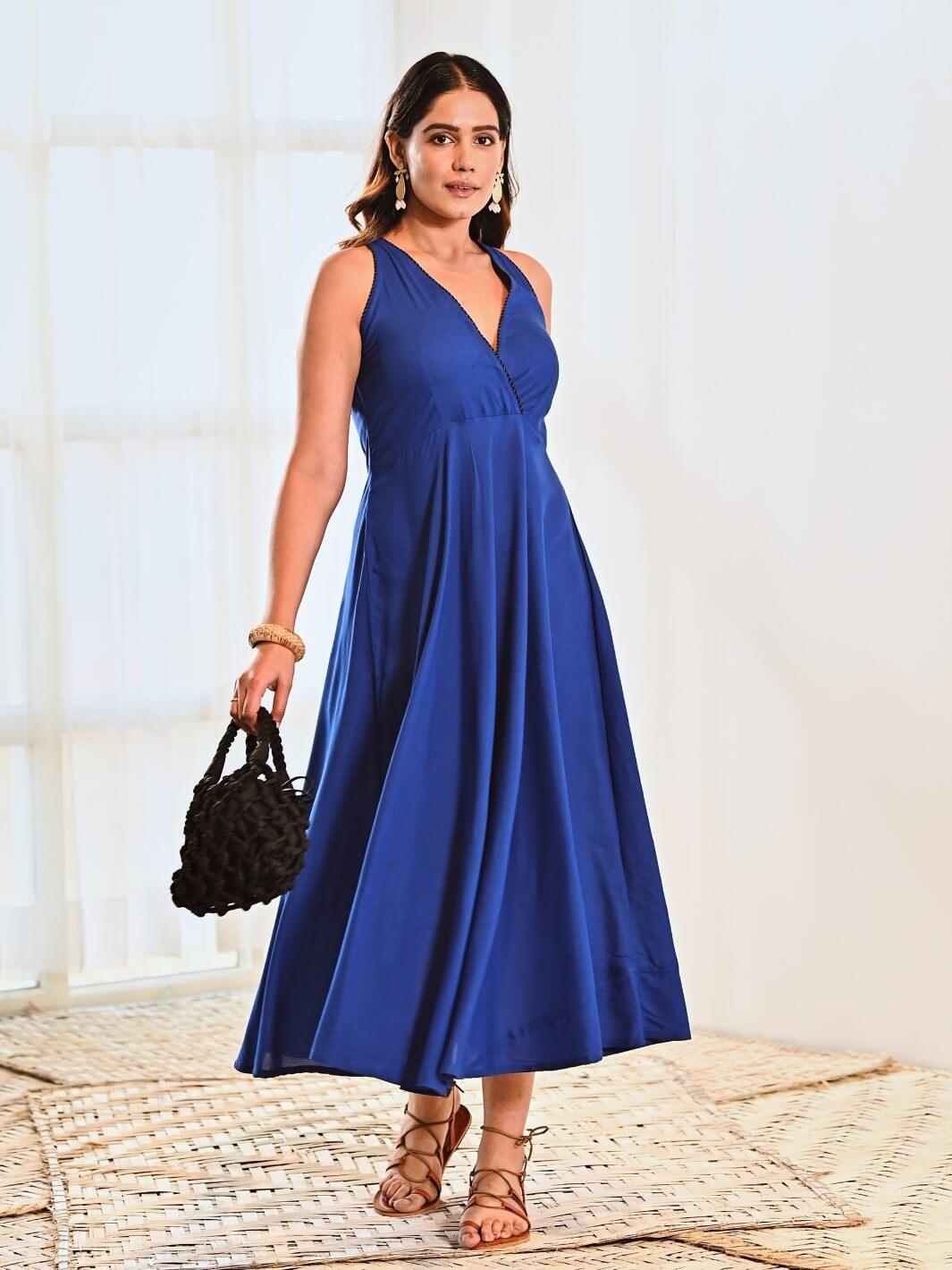 Eydis Contrast Stitch Sleeveless Maxi Dress in Blue | Oh Polly