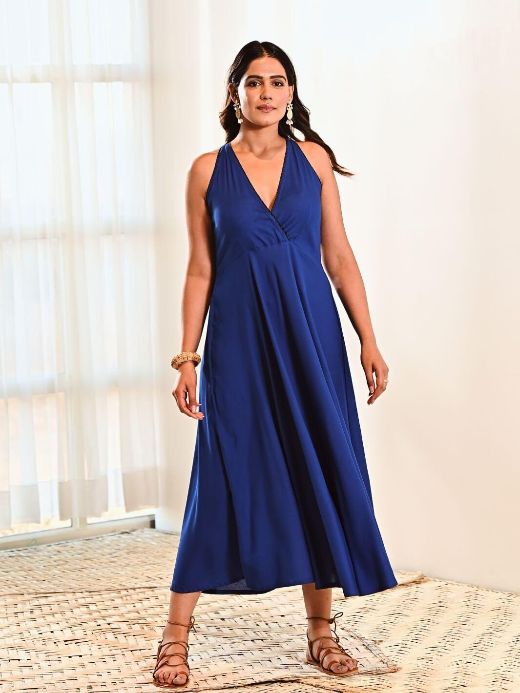 Buy Olive Khadi Cotton Flared Halter Neck Sleeveless Dress Online @  Tjori.Com. Free Shipping – TJORI