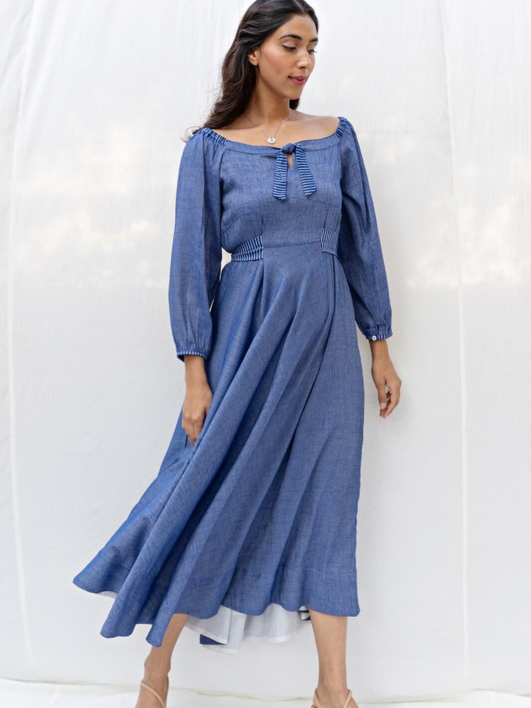 Blue Flared Long Cotton Maxi Dress - Moontara