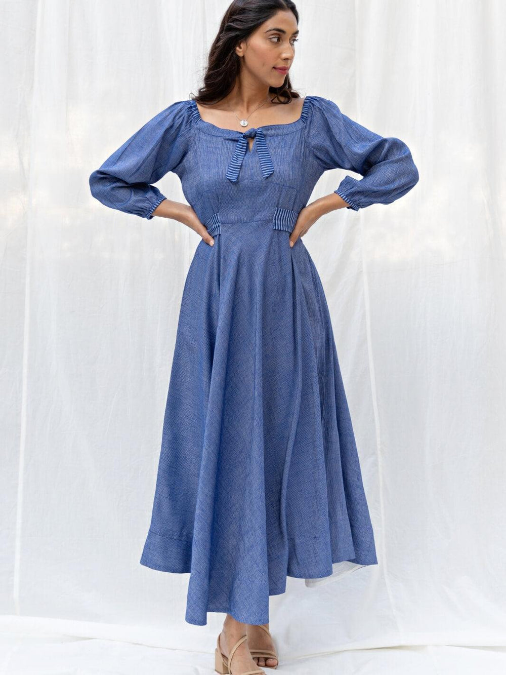 Blue Flared Long Cotton Maxi Dress - Moontara