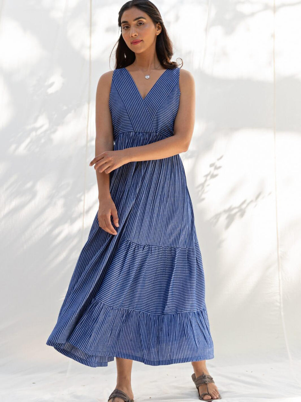 Blue Sleeveless Long Cotton Midi Dress - Moontara