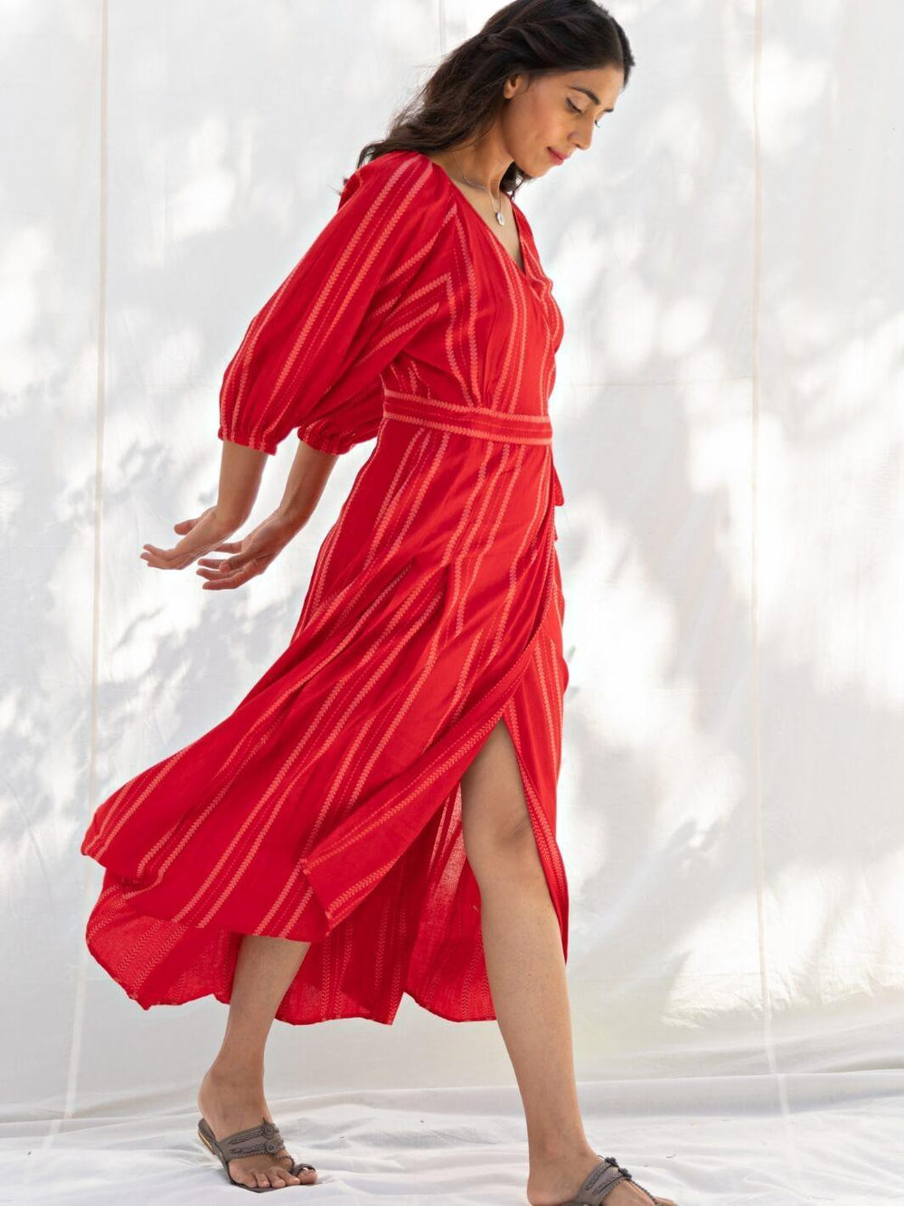 Cherry Red Cotton Maxi Wrap Dress - Moontara