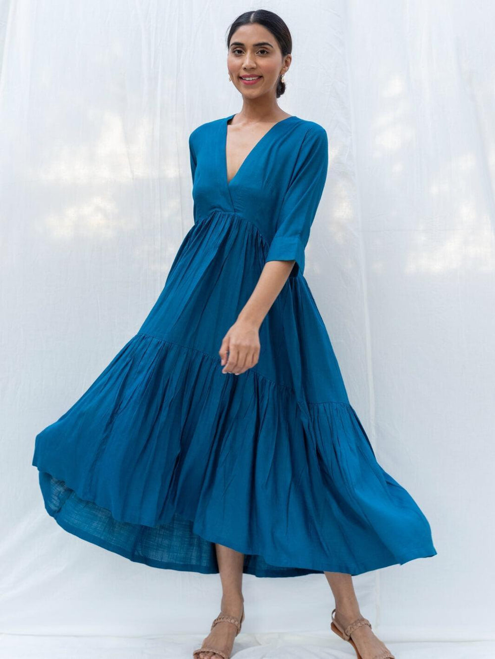 Cobalt Blue Flared Long Cotton Maxi Dress - Moontara