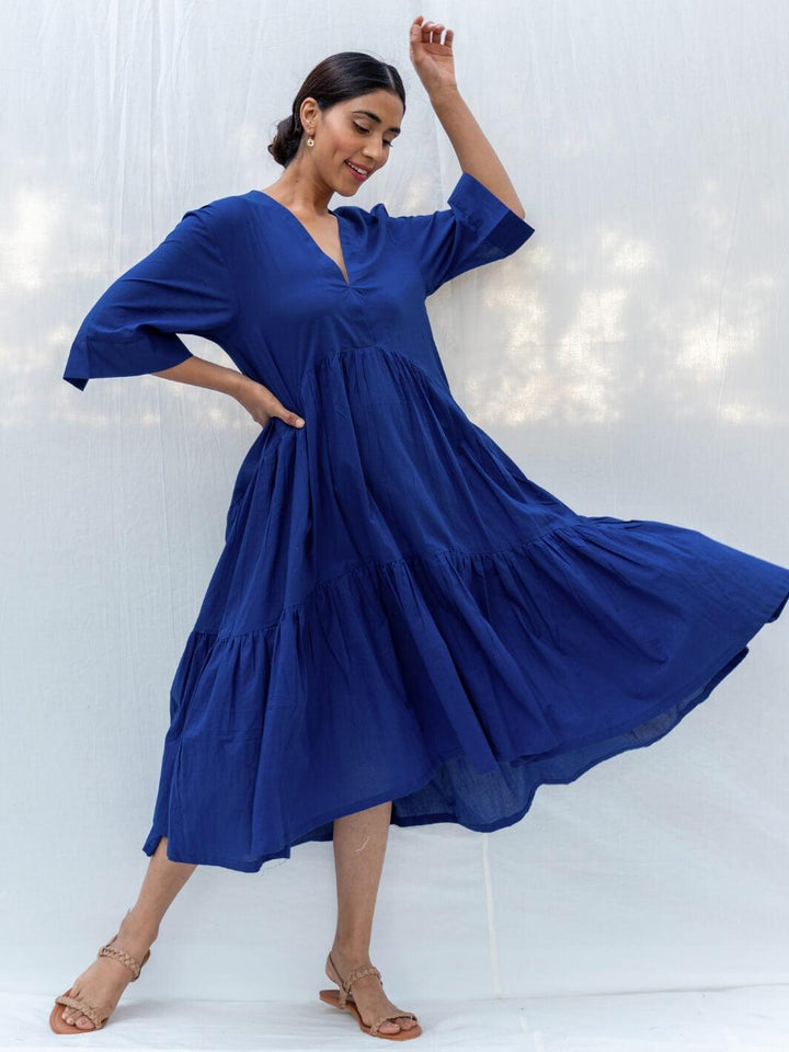 Deep Blue Flared Long Cotton Maxi Dress - Moontara