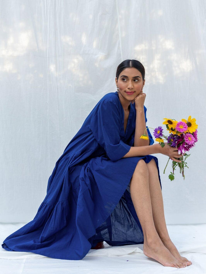 Deep Blue Flared Long Cotton Maxi Dress - Moontara