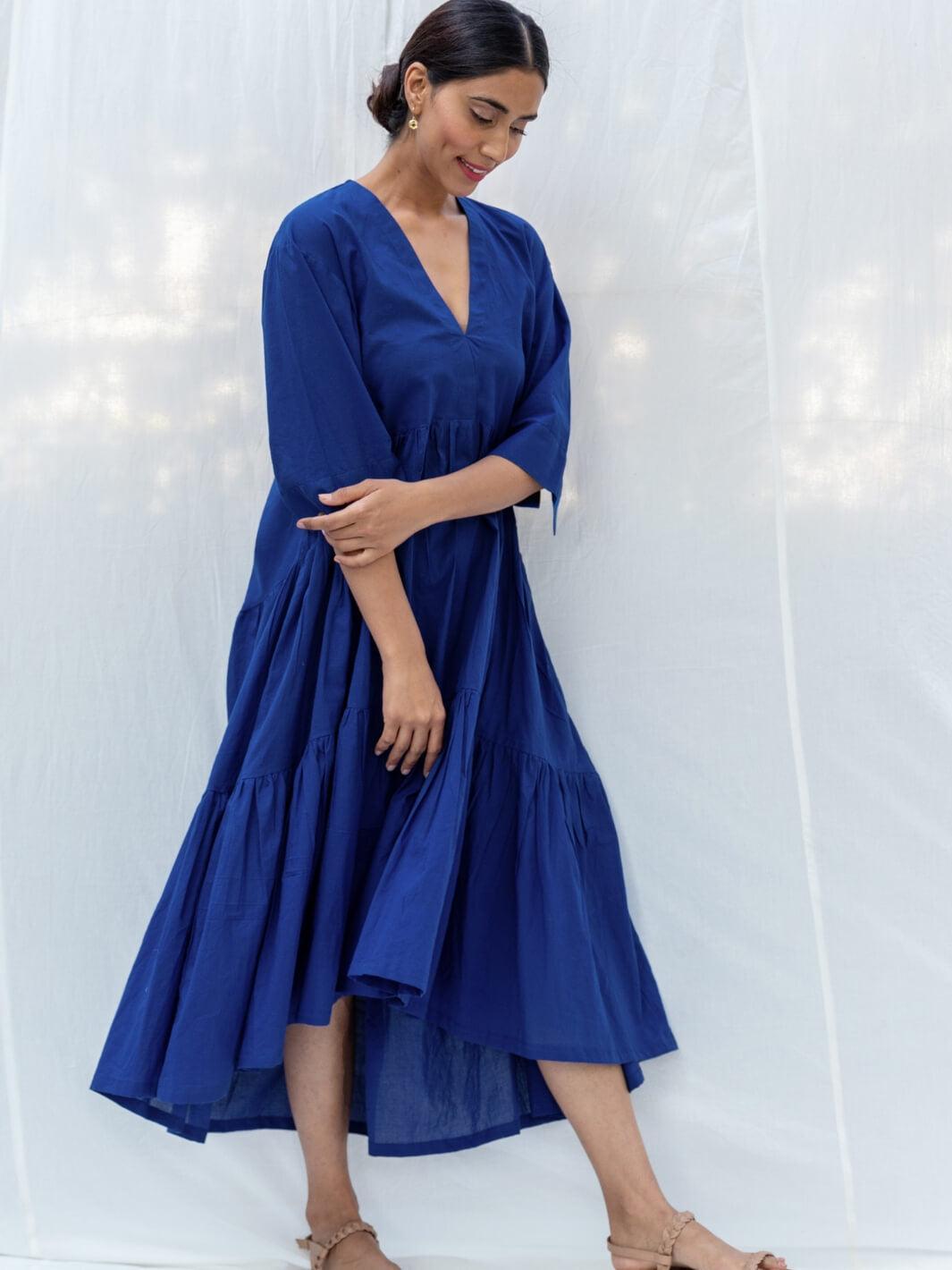 Deep Blue Flared Long Cotton Maxi Dress - Moontara