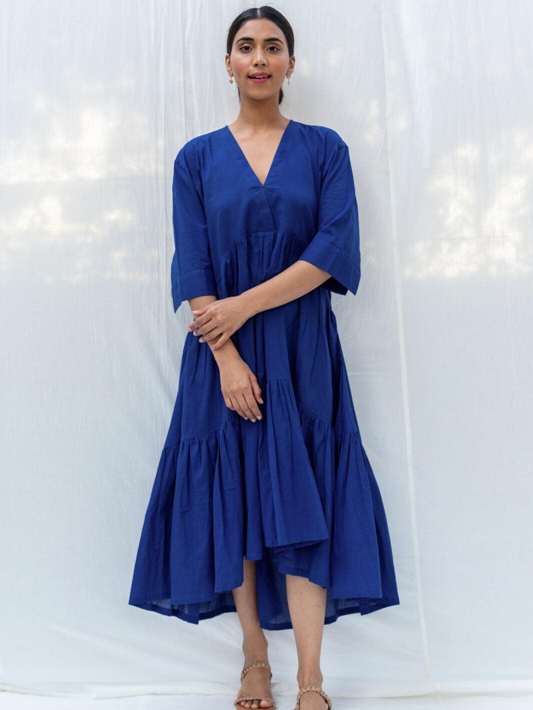 Blue Cotton Maxi Sleeveless Long Dress – MoonTara