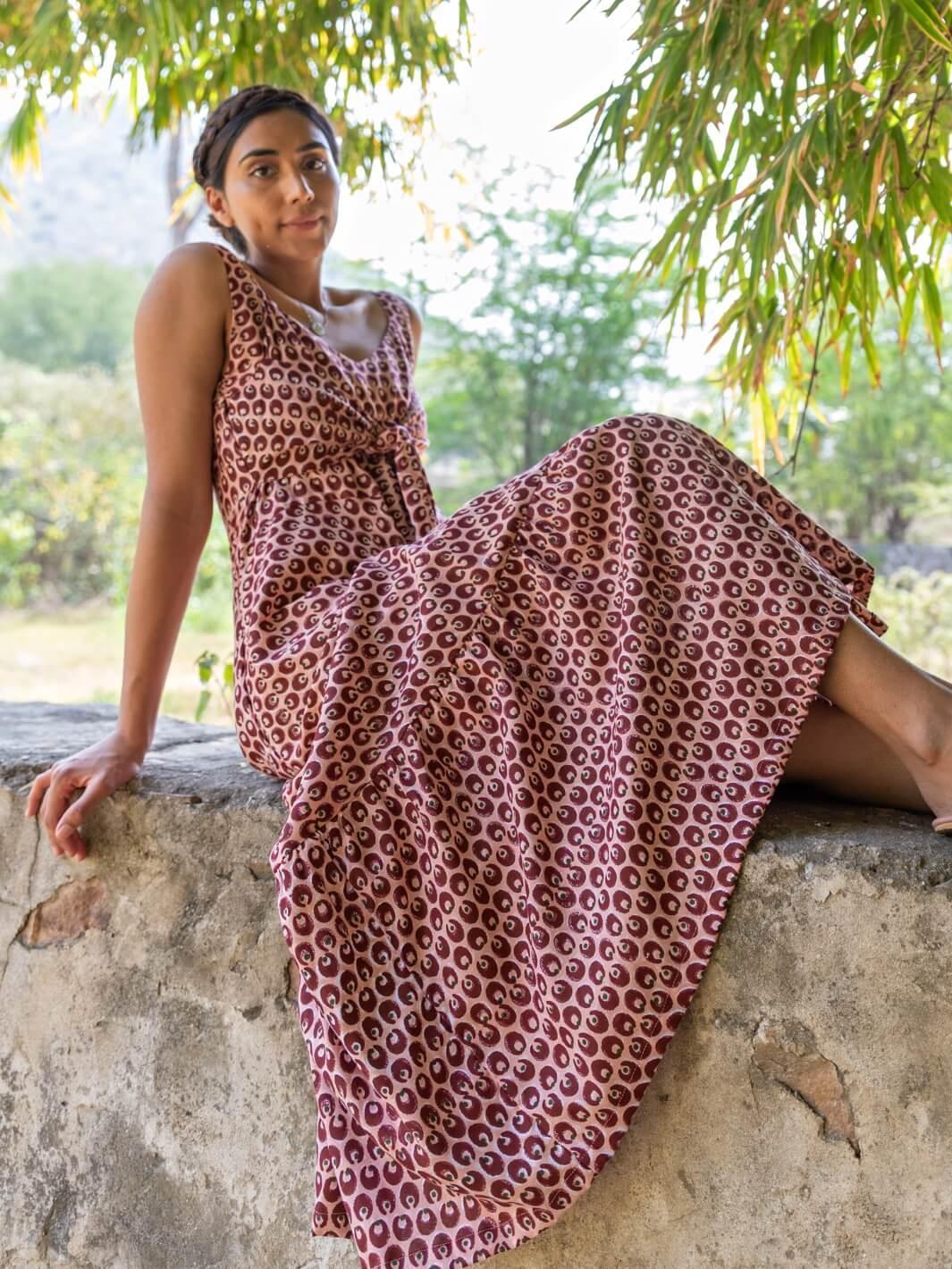 Dusty Pink Handblock Print Sleeveless Maxi Dress - Moontara