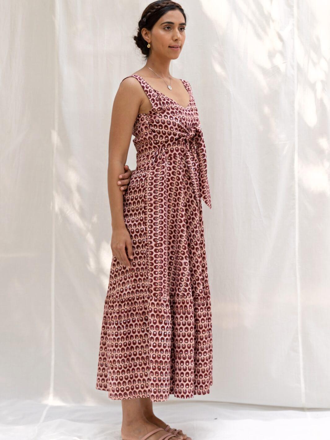 Dusty Pink Handblock Print Sleeveless Maxi Dress - Moontara