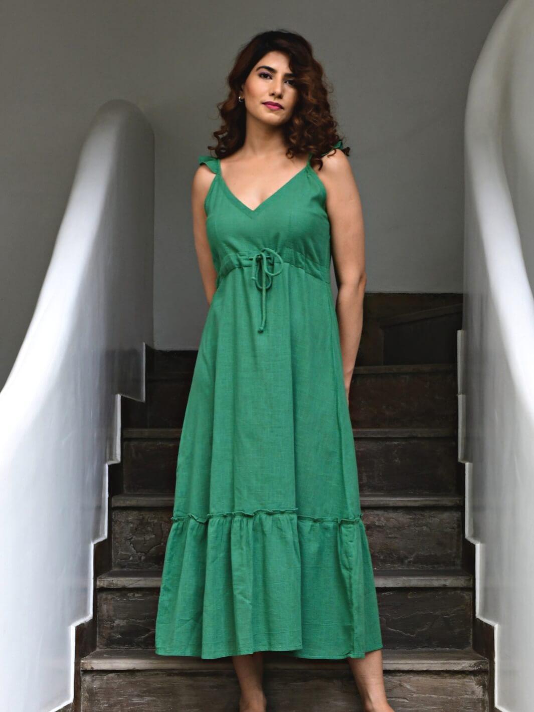 Green Cotton Maxi Slip Dress - Moontara