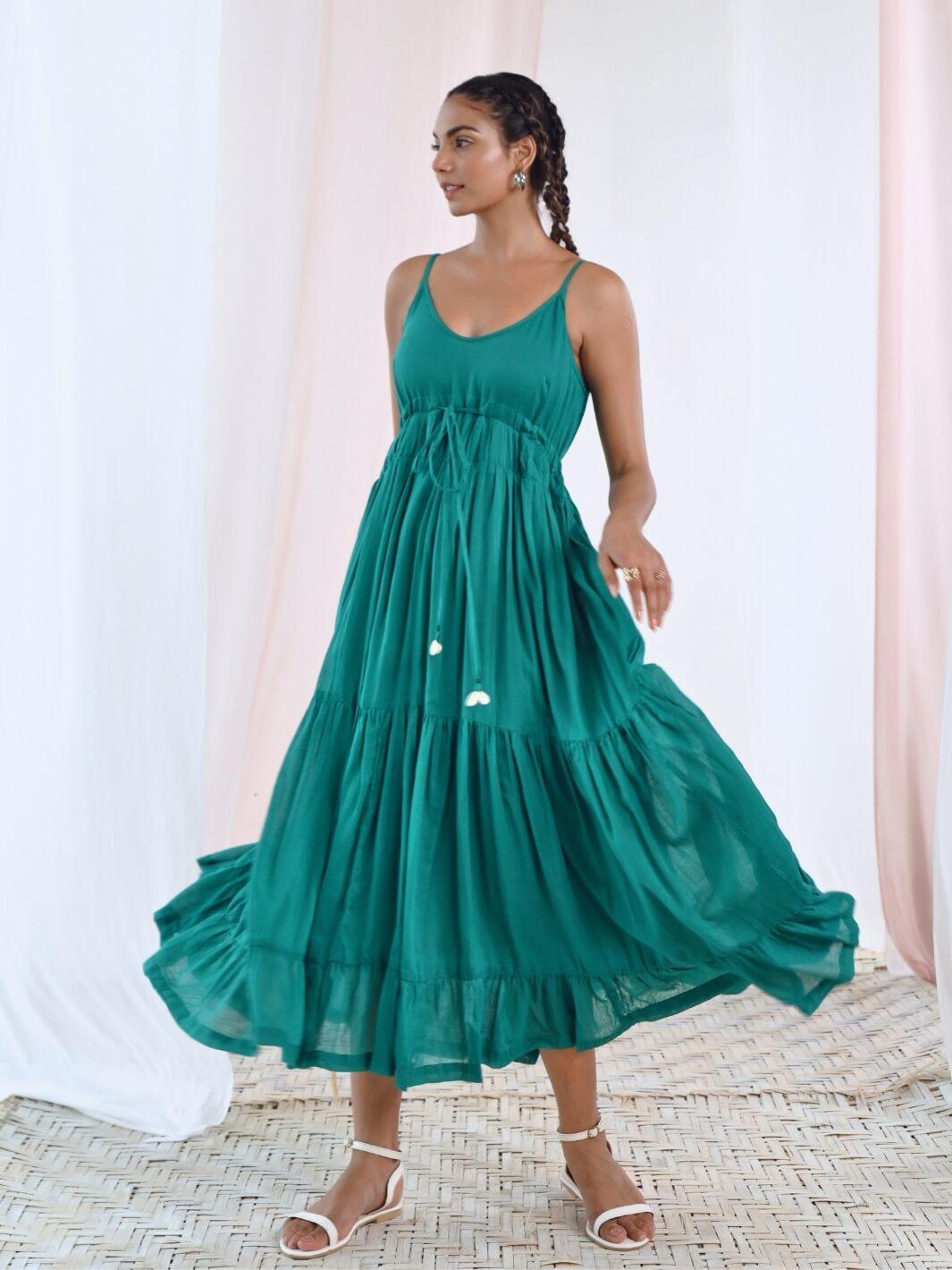 Green Cotton Voile Flared Maxi Dress - Moontara