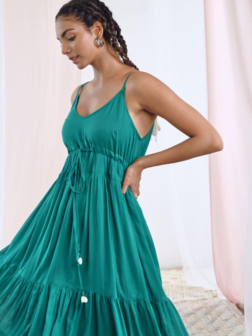 Green Cotton Voile Flared Maxi Dress - Moontara