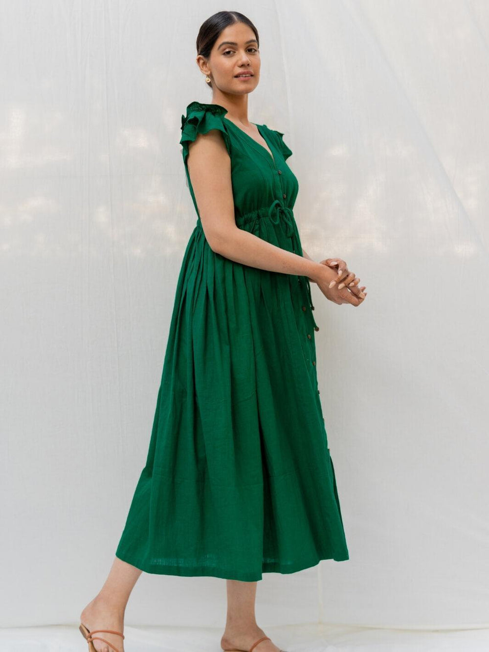 Green Long Cotton Shirt Dress - Moontara