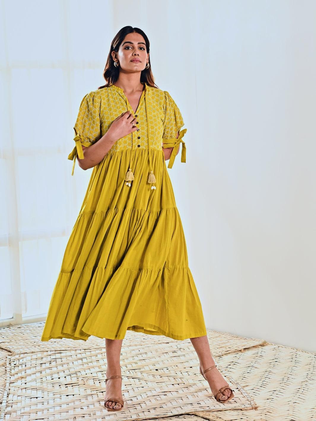 Lemon Cotton Embroidered Maxi Long Dress - Moontara
