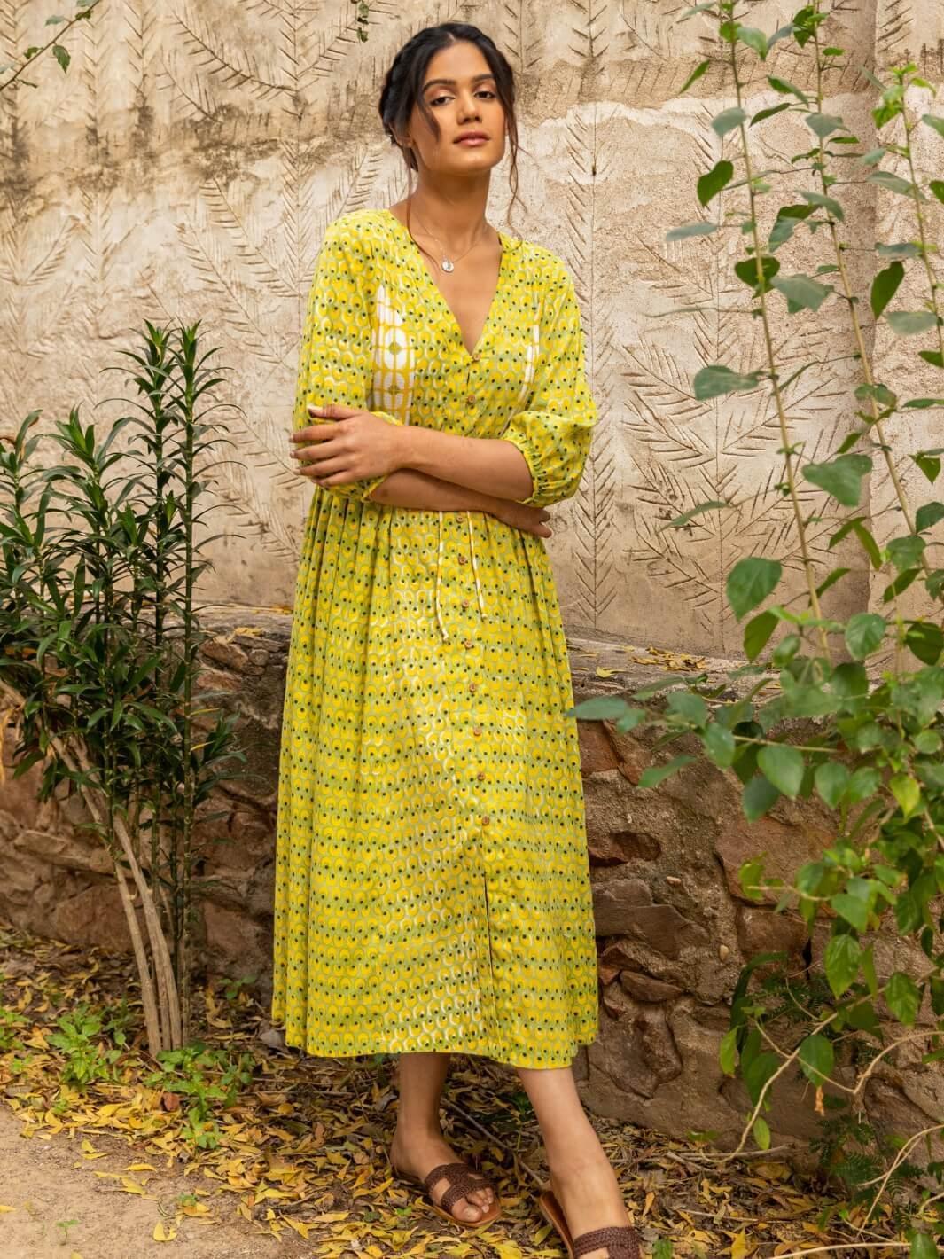 Lime & Yellow Handblock Print Long Cotton Maxi Dress - Moontara