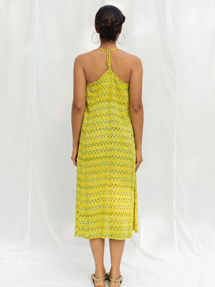 Lime Handblock Print Long Cotton Slip Dress - Moontara