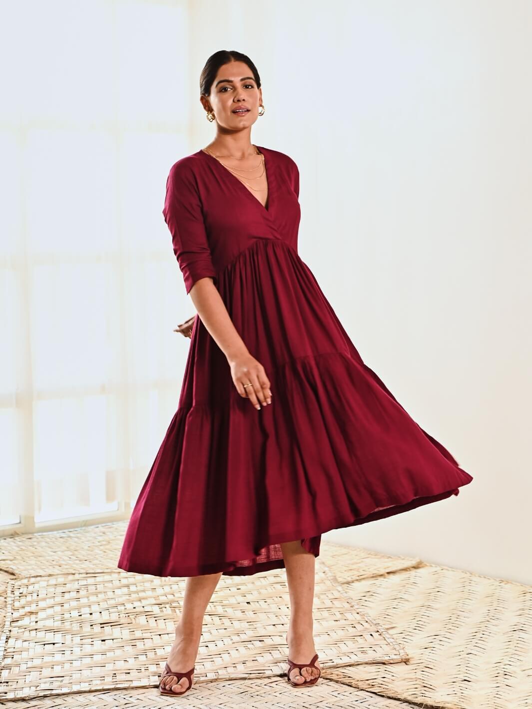 Women Solid Maroon V-Neck Sleeveless Crepe Thigh-High Slit A-Line Maxi Dress  - Berrylush