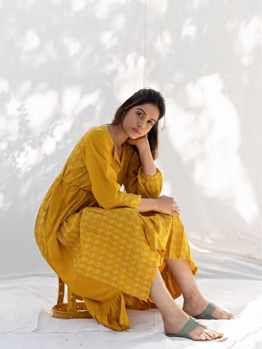 Mustard Yellow Long Cotton Midi Dress - Moontara