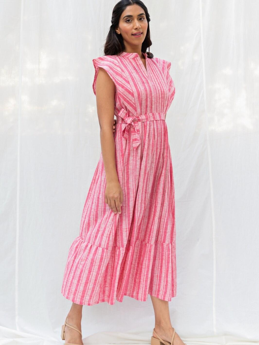 Pale Red Cotton Maxi Dress with Ruffled Sleeves - Moontara