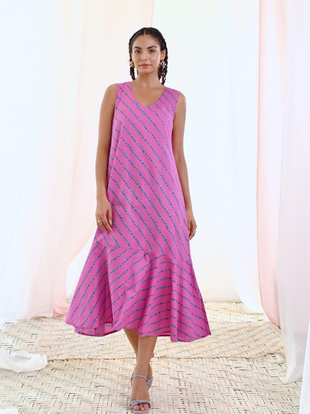 Pink A-Line Printed Sleeveless Cotton Dress - Moontara