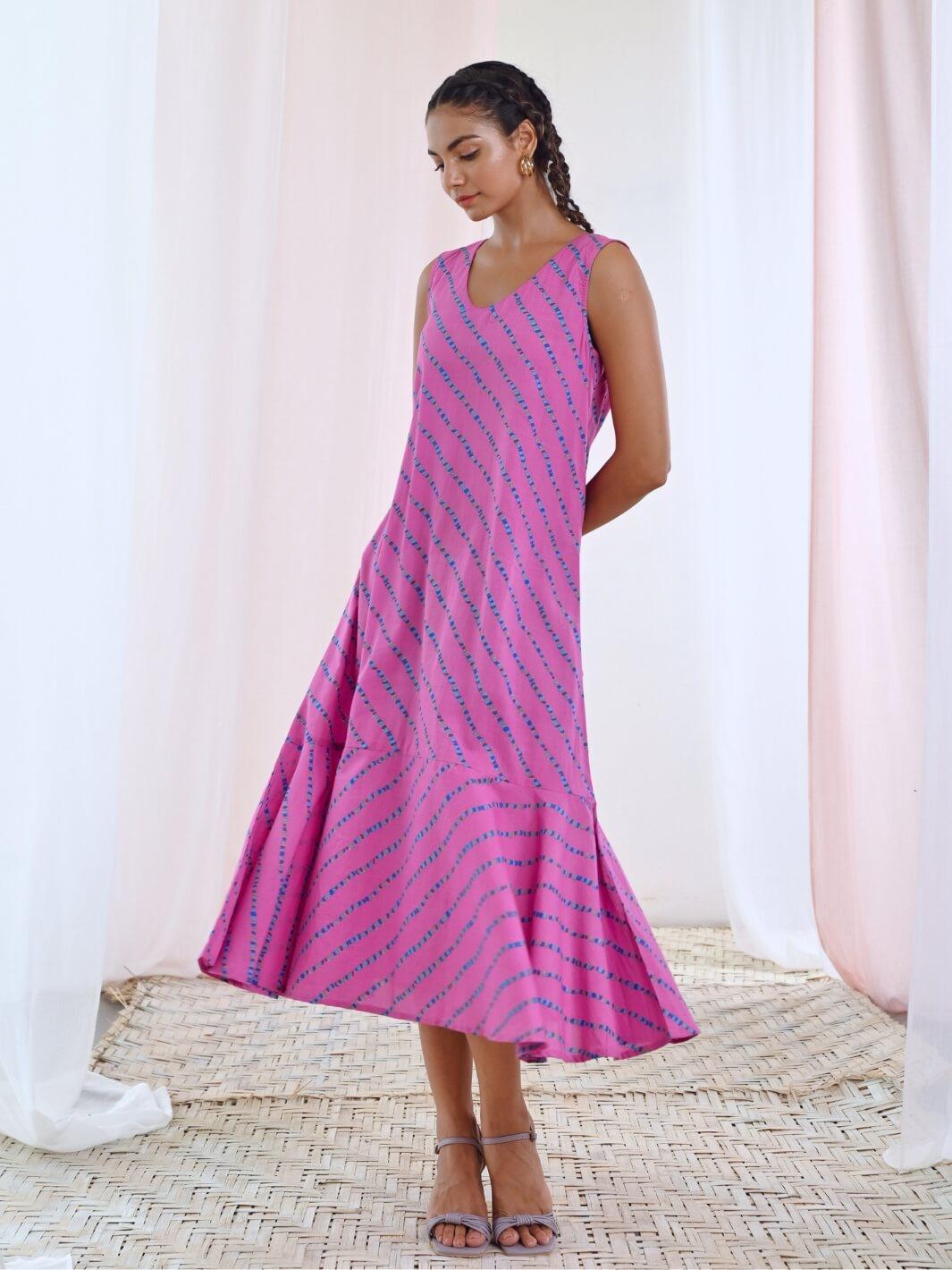 Pink A-Line Printed Sleeveless Cotton Dress - Moontara