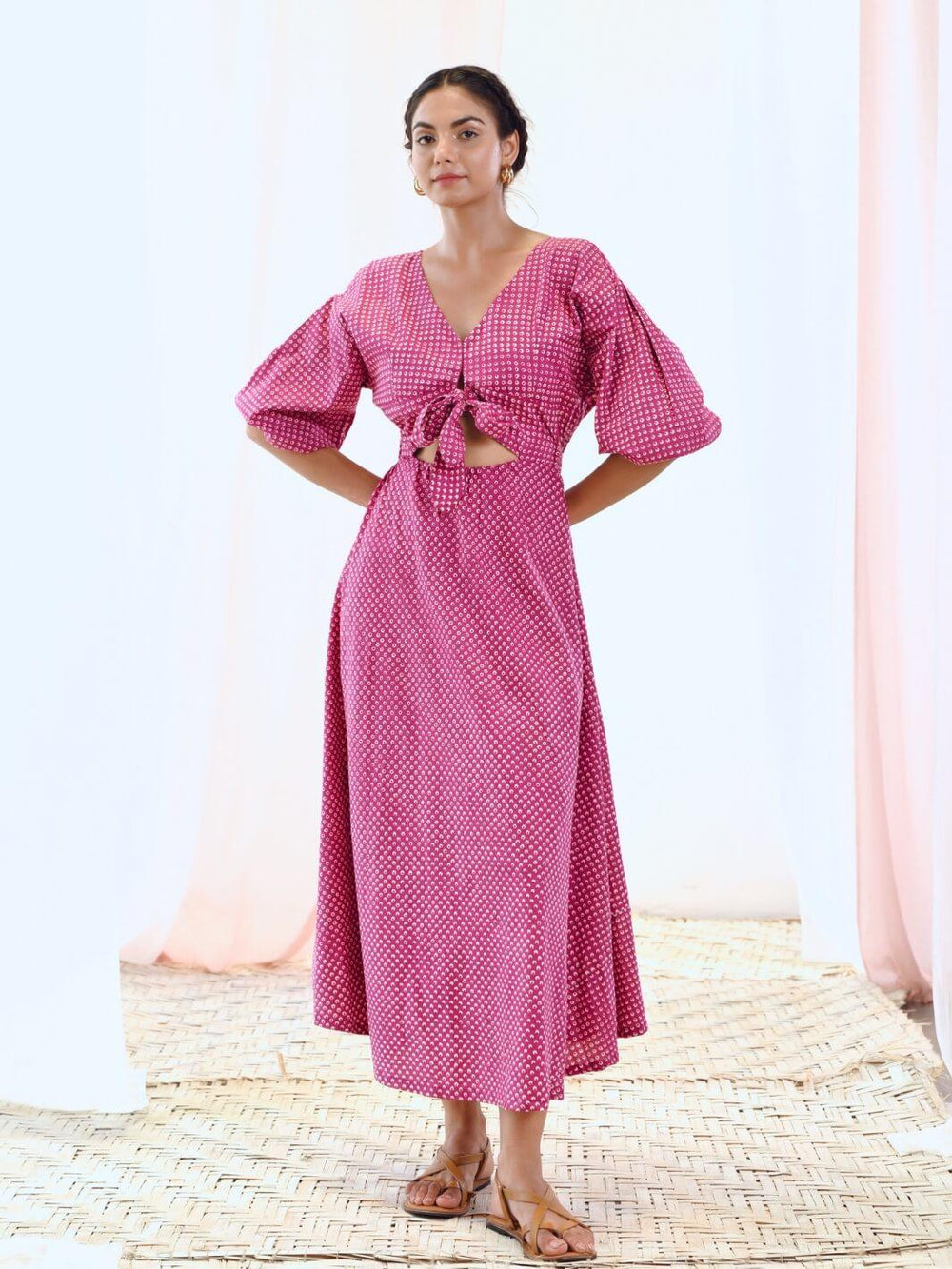 Pink Cotton Maxi Floral Dress with Balloon Sleeves - Moontara