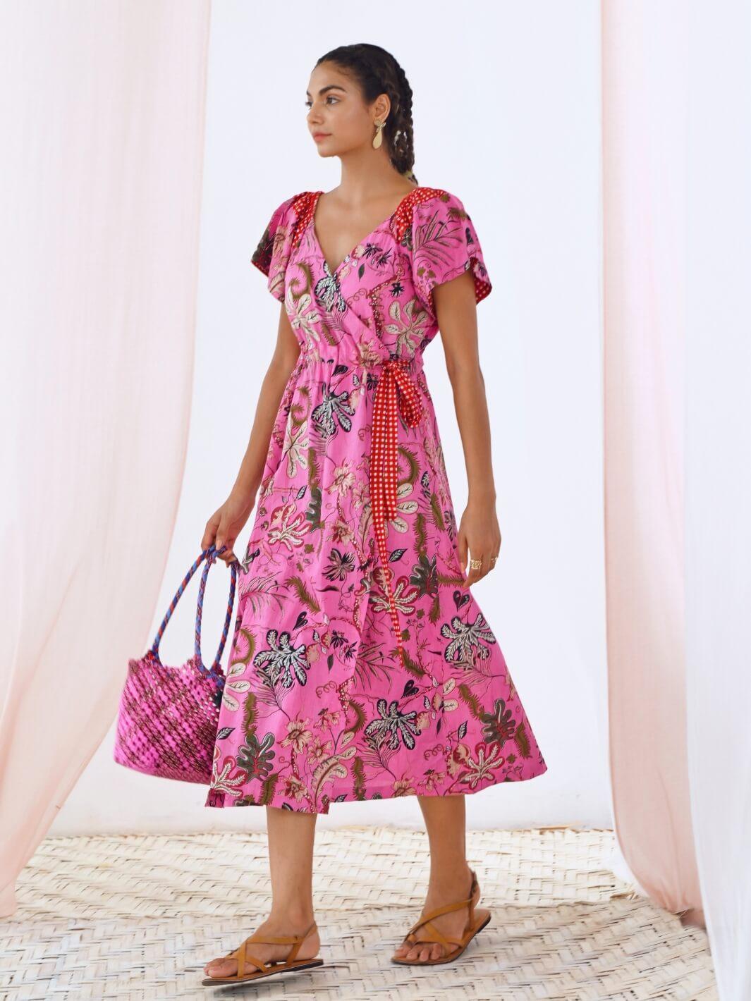 Pink Cotton Printed Floral Wrap Dress - Moontara