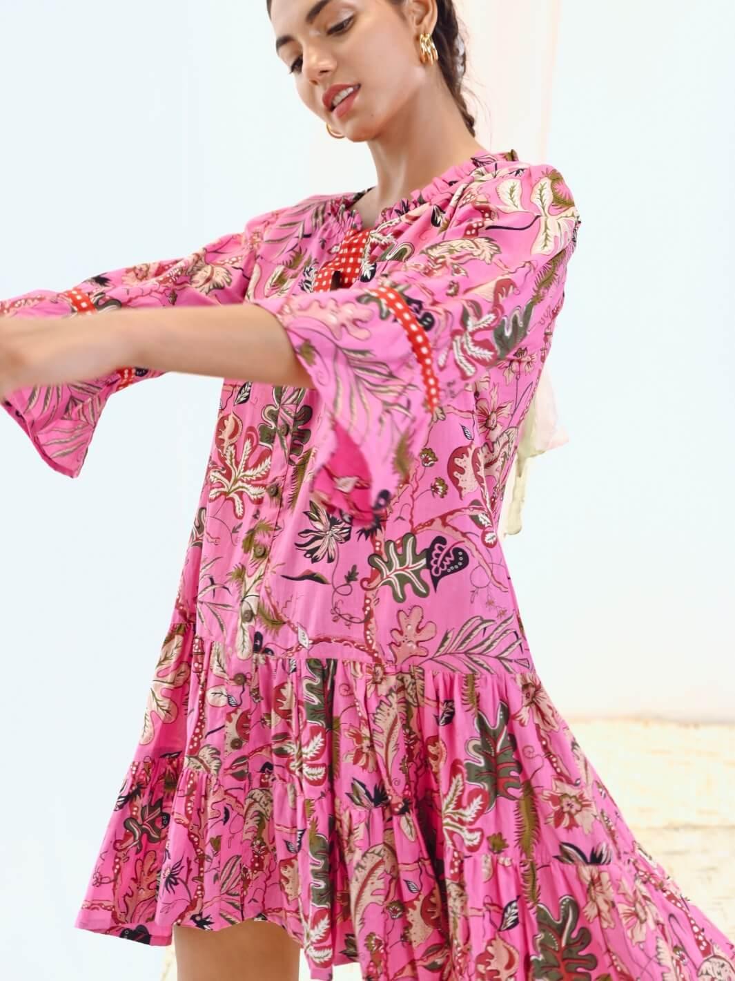 Pink Cotton Printed Short Floral Dress - Moontara