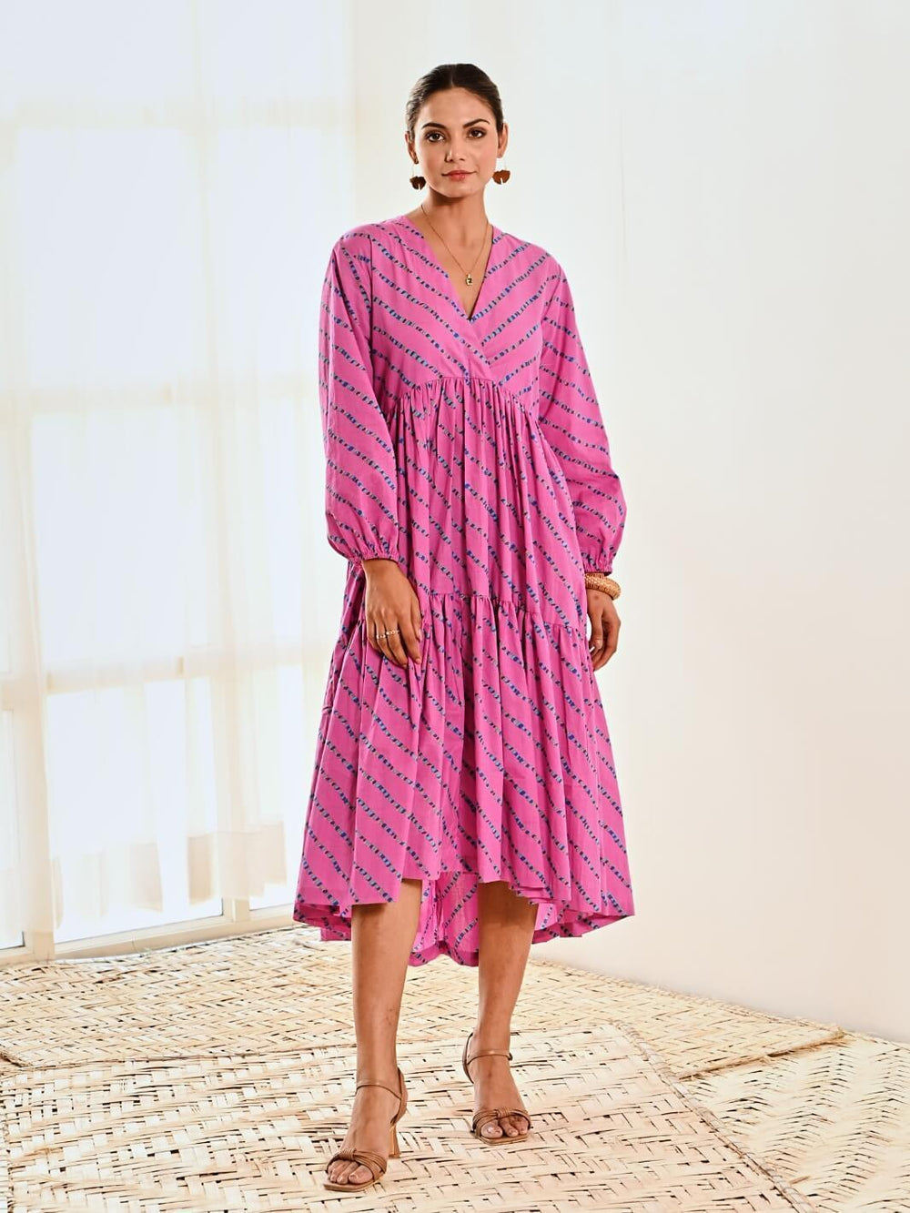Pink Cotton Striped Print Maxi Long Dress - Moontara