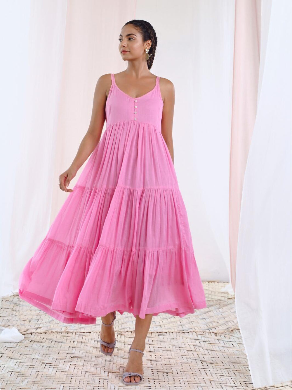Pink Cotton Voile Flared Maxi Dress - Moontara