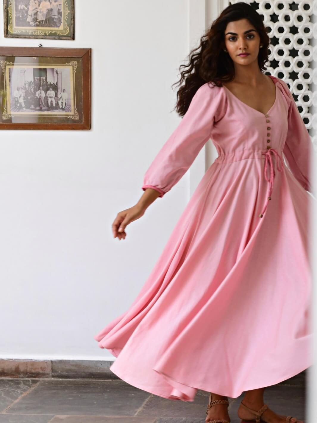 Pink Flared Long Cotton Maxi Dress - Moontara