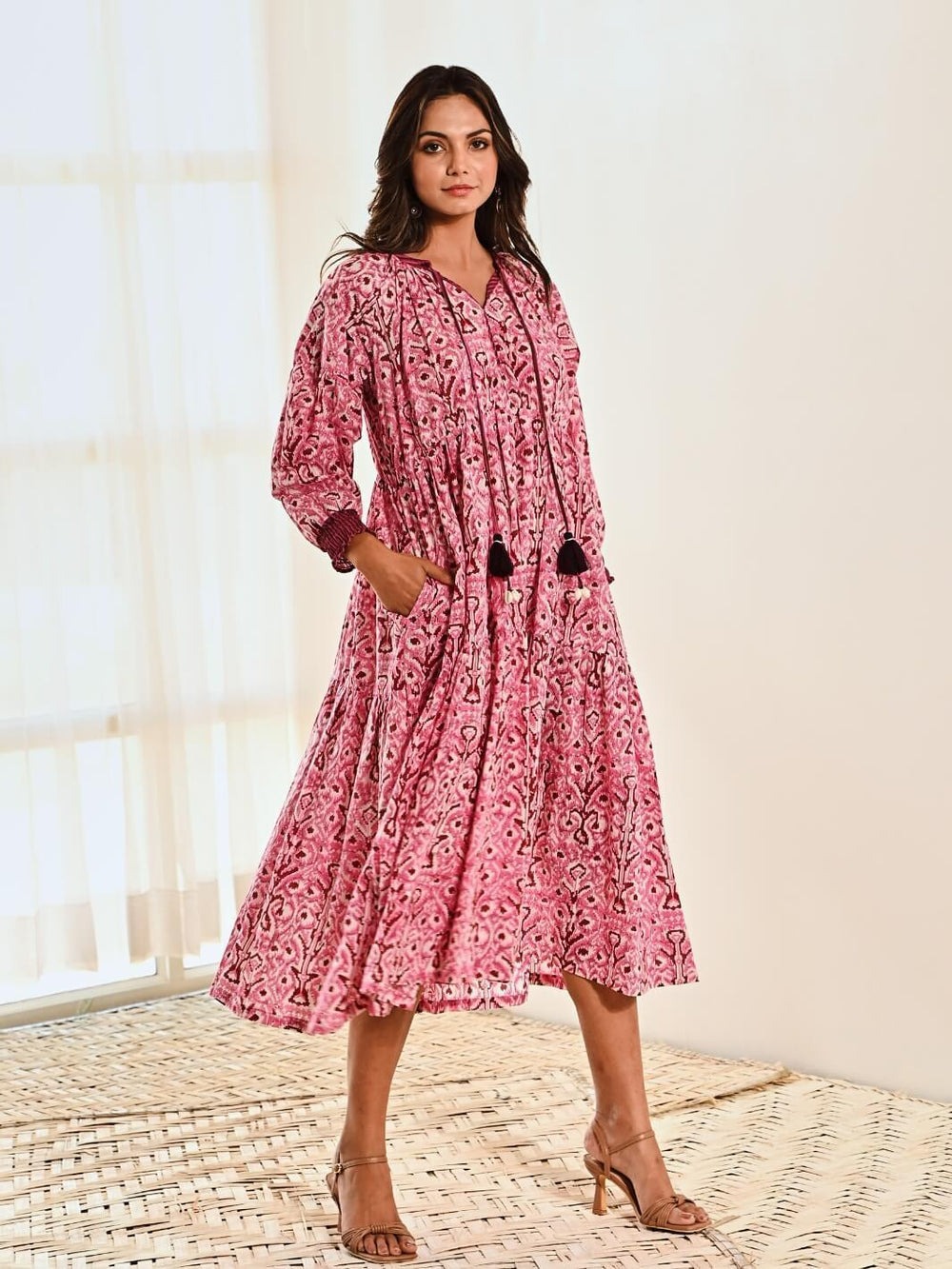 Pink Ikat Print Cotton Maxi Long Dress - Moontara
