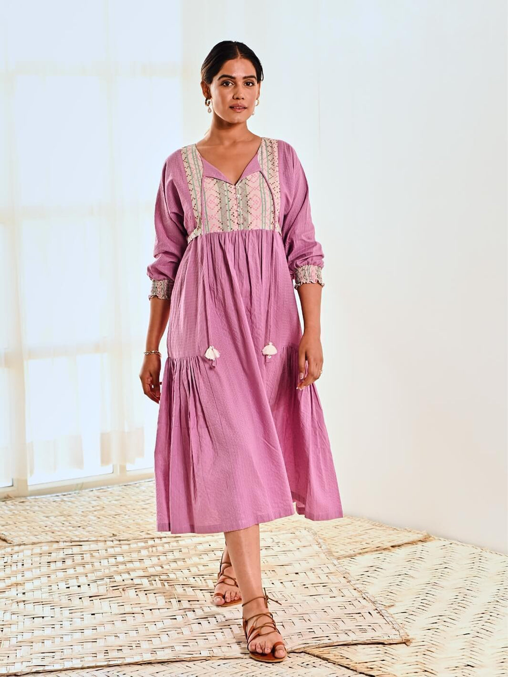 Purple Cotton Long Dress with Belt & Butterfly Sleeves - Moontara