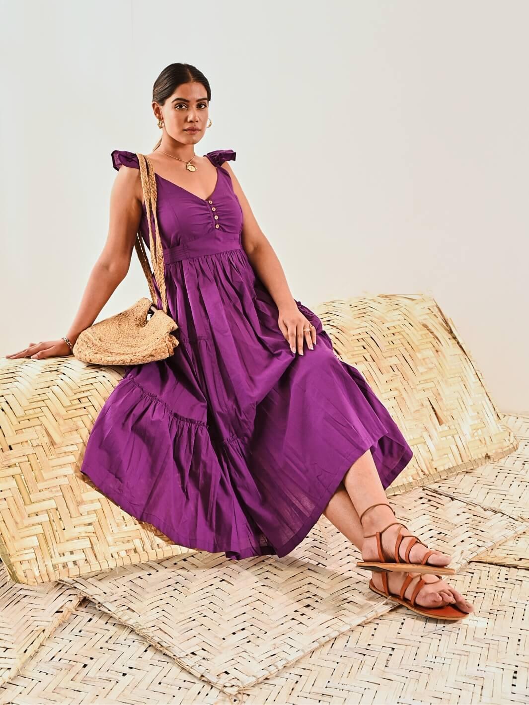 Purple Cotton Sleeveless Maxi Long Dress - Moontara