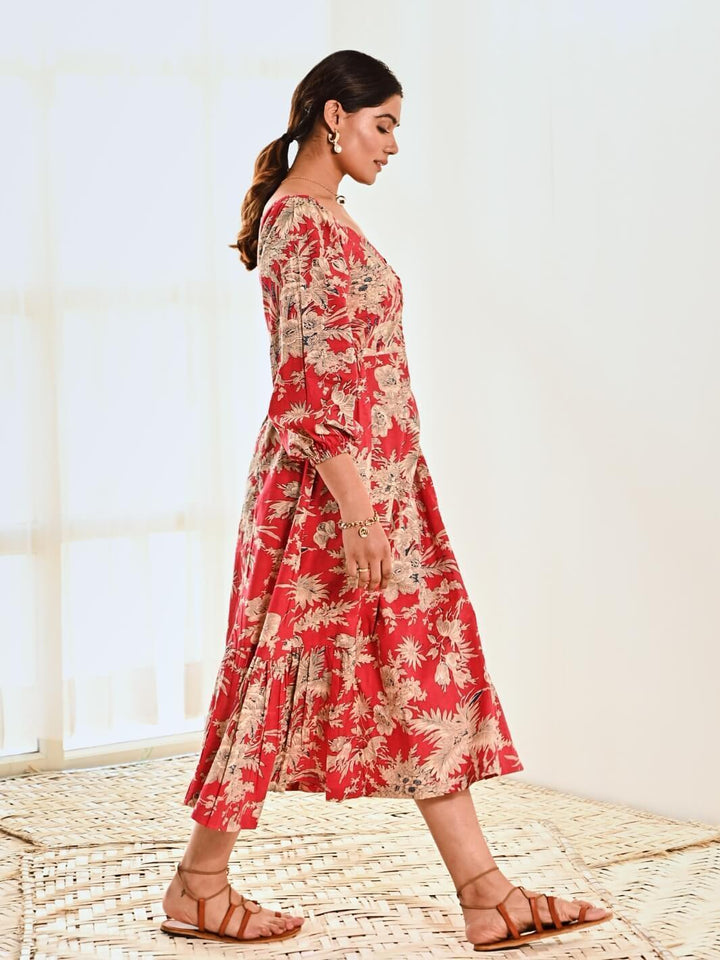 Red Cotton Floral Print A Line Long Dress - Moontara