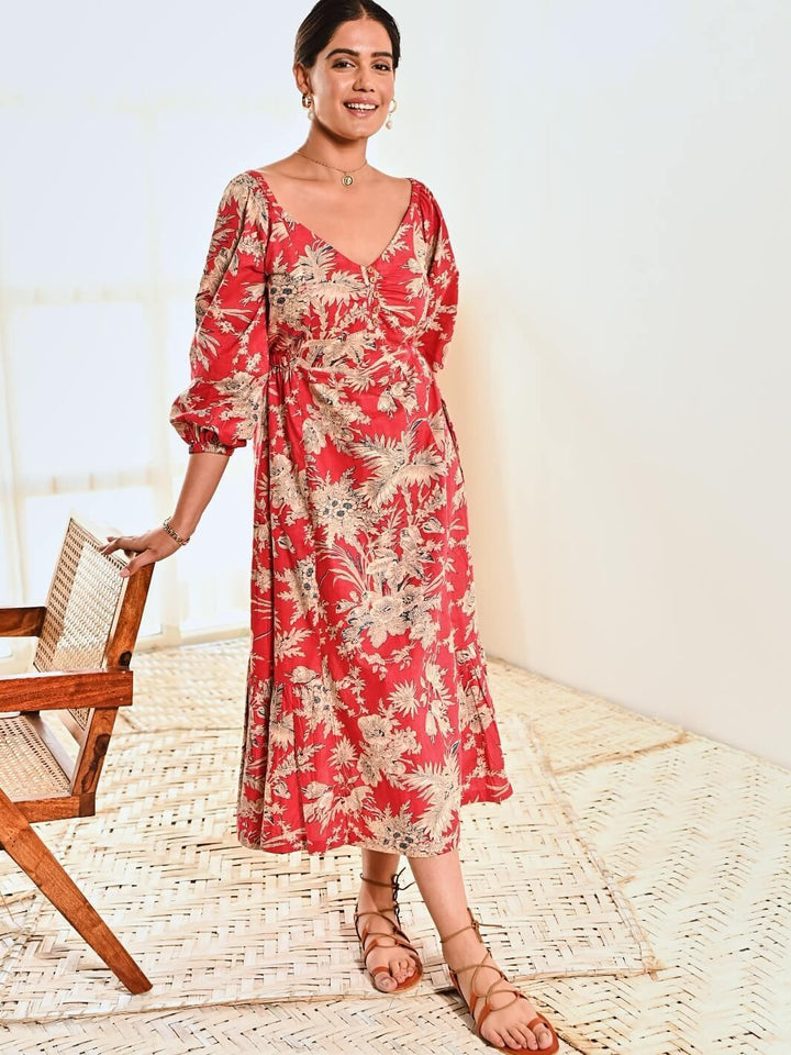 Red Cotton Floral Print A Line Long Dress - Moontara