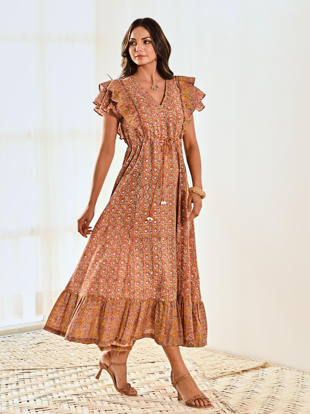 Rust Cotton Floral Print Maxi Long Dress - Moontara