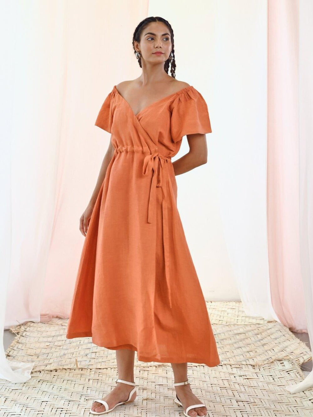 Rust Orange Linen Wrap Dress with Short Sleeves - Moontara