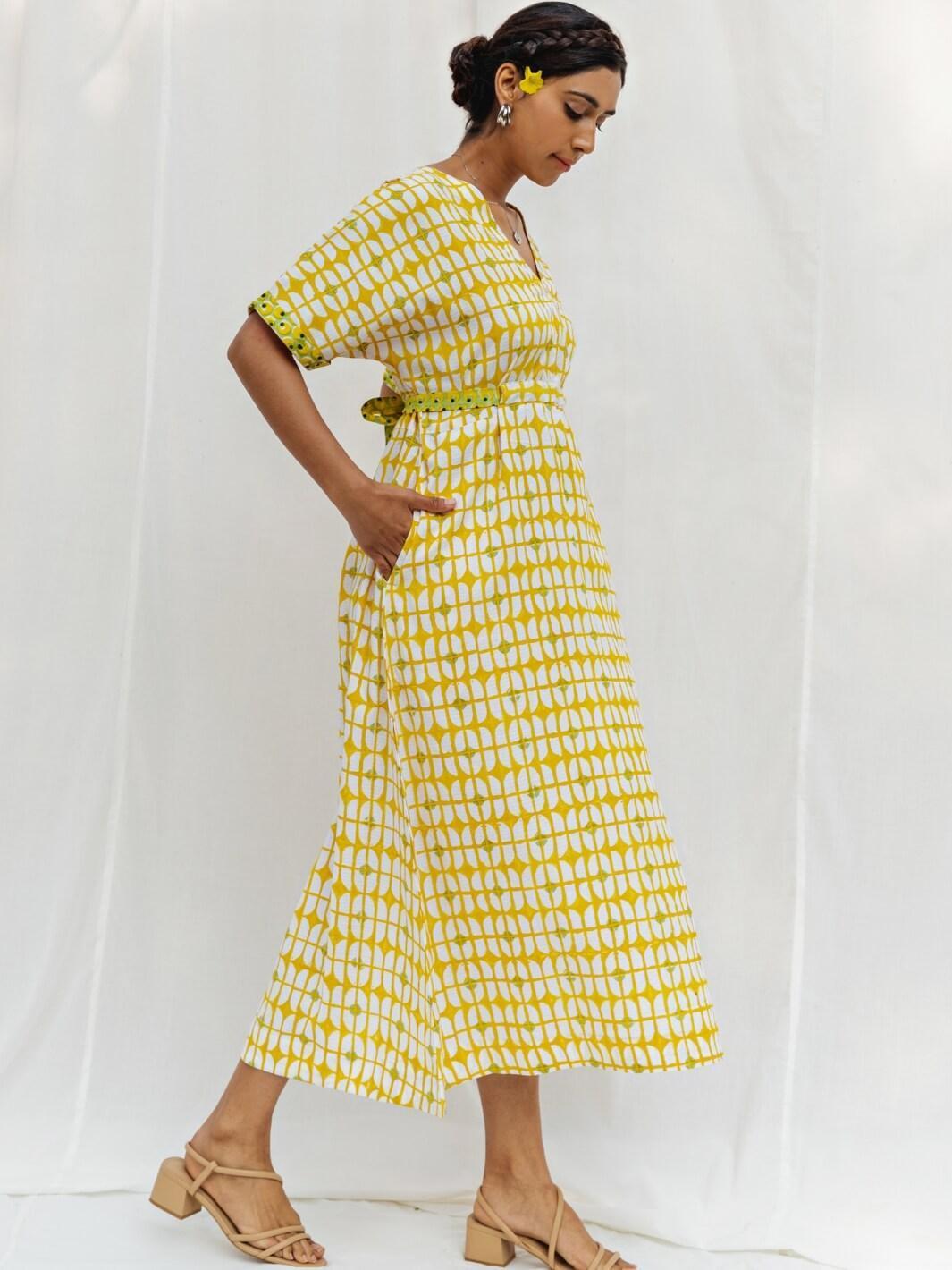 Sunshine Yellow Handblock Print Long Cotton Midi Bloom Dress - Moontara